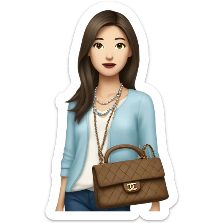 Realistic brown hair blue eyes Chanel Asian Girl with Birkin bag and Chanel necklace sticker