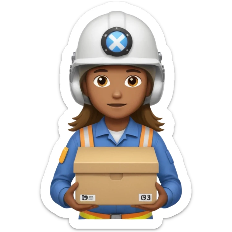Tengo que dar una capacitacion de orgonomia, necesito un emoji de un operario con pelo largo y casco blanco de manga larga que levante una caja cerrada con las dos manos a la altura de los hombros y que tenga cara de esfuerzo fisico. Que no este saludando, las dos manos sosteniendo la caja.  sticker
