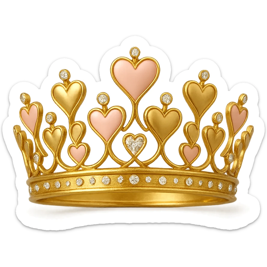 heart crown with a gold base, hearts in gold and blush enamel, sparkling gems sticker