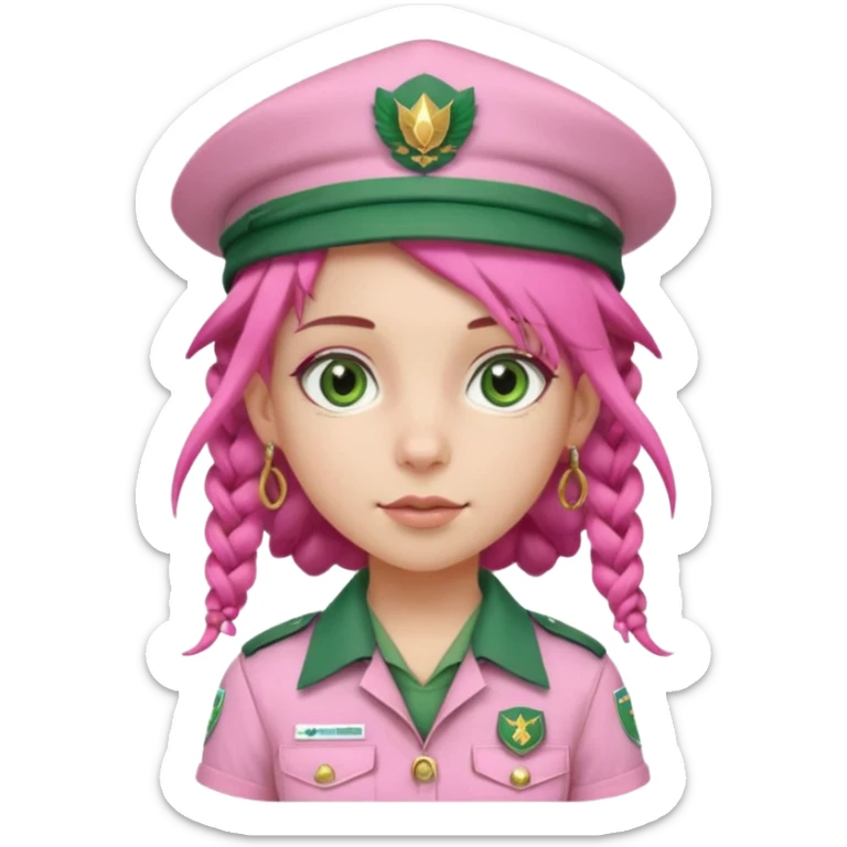 very pretty girl big green eyes, scout girl with pretty pink uniform, pink dreadlocks, and big earrings and scouts hat sticker