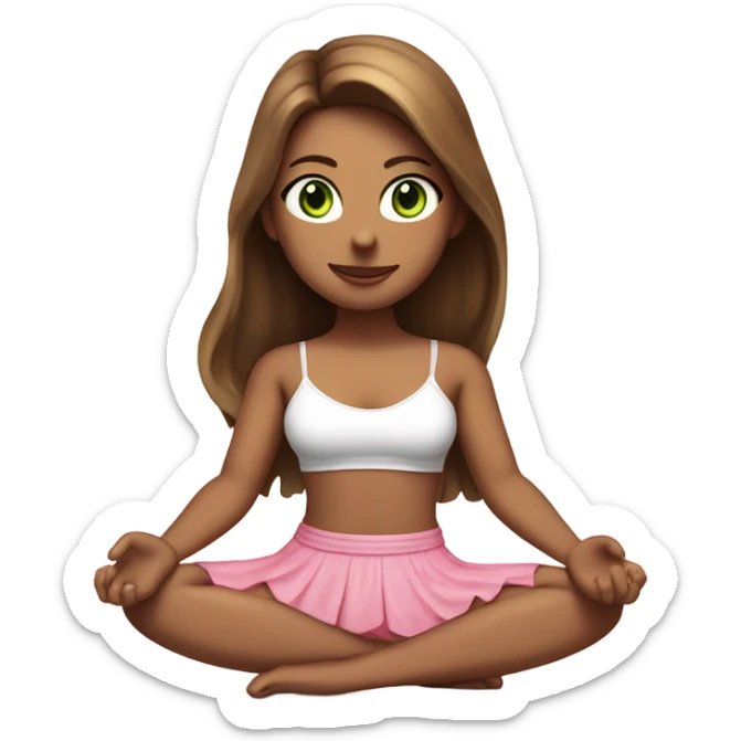 A girl with brown long hair, fair skin and green eyes is sitting in a lotus position in a white bra top and pink skirts sticker