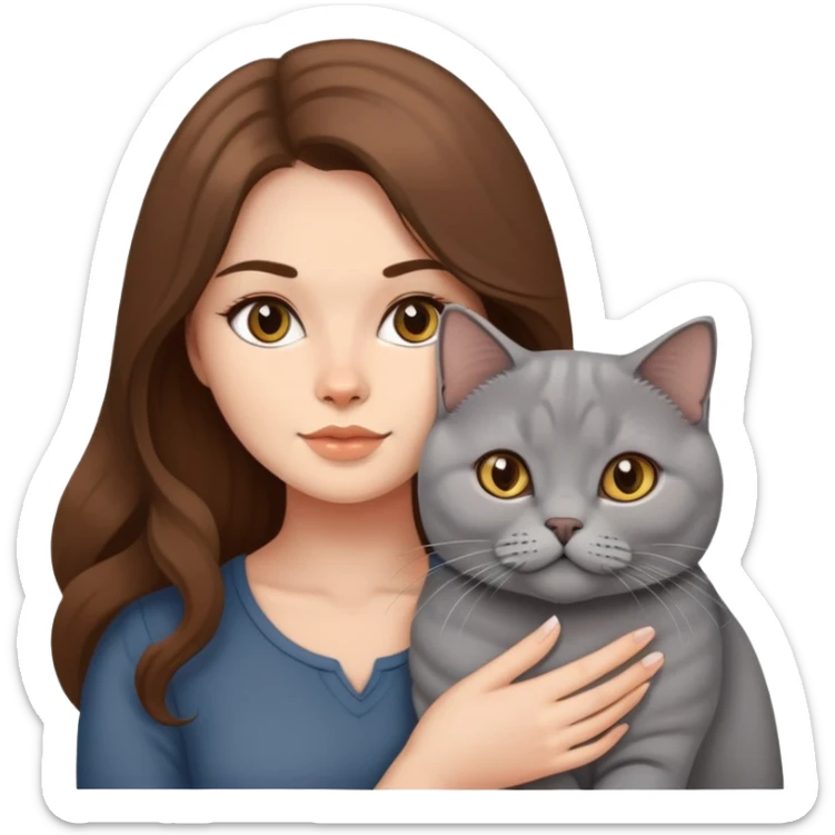 A brown long hair beautiful woman with a British shorthair cat sticker