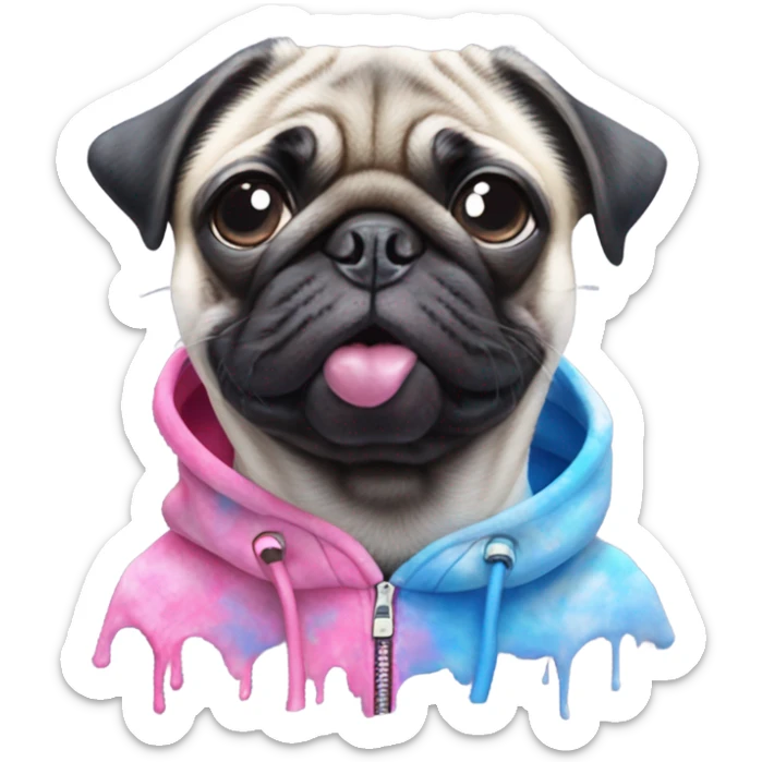 Pug sticking tongue out wearing pink and blue Tye dye hoodie sticker