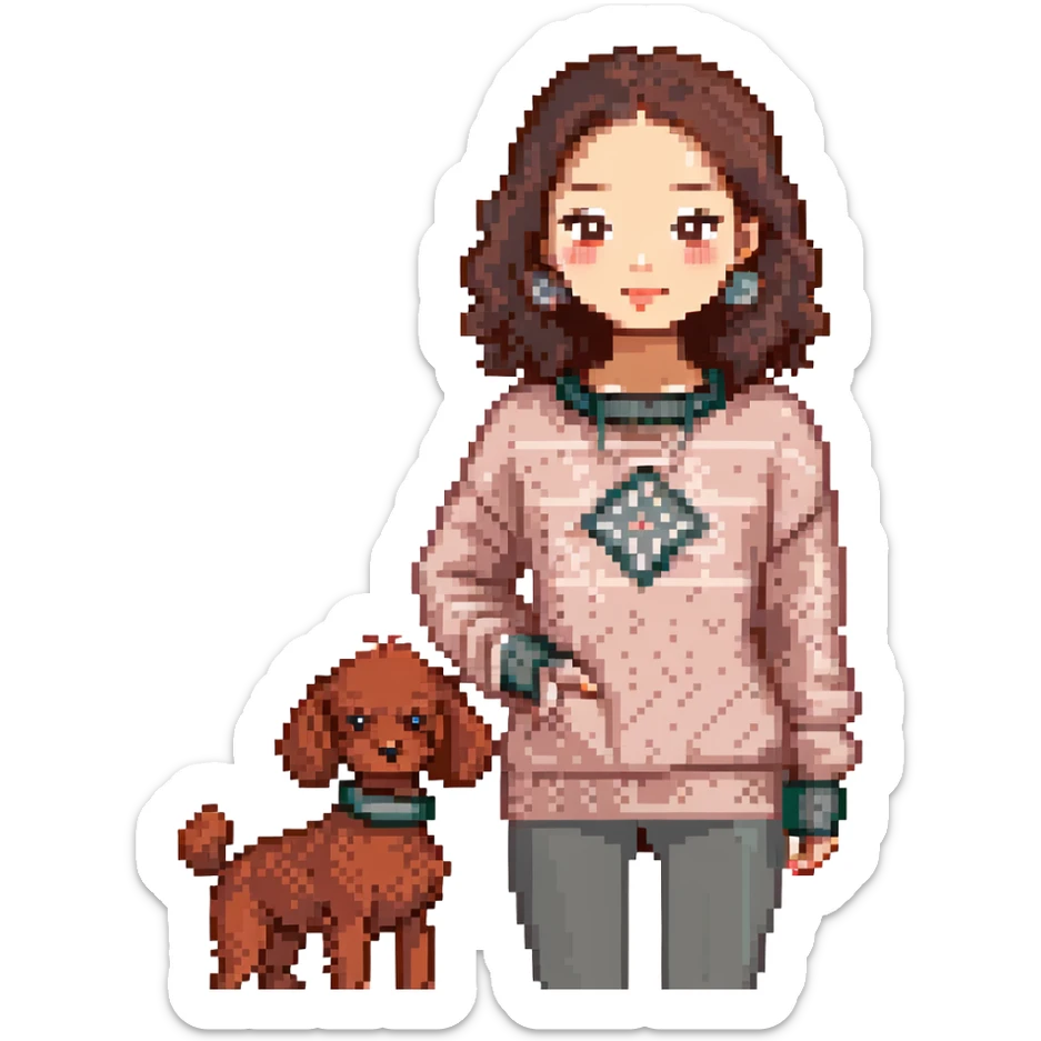 Asian woman with dark brown eyes and hair, wearing a cozy knit sweater, standing next to a small red poodle sticker