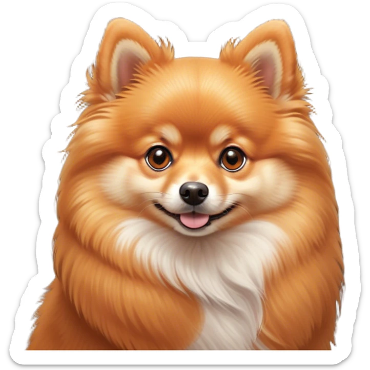 Cinematic Cute Orange Pomeranian Portrait Emoji, Head tilted playfully and inquisitively, featuring a luscious, fluffy orange Fur with a natural sheen, round, sparkling brown eyes filled with curiosity, Simplified yet irresistibly adorable features, highly detailed, glowing with a warm, friendly glow, high shine, affectionate and lively, stylized with a touch of whimsy, bright and endearing, soft glowing outline, capturing the essence of a mischievous yet loving pup, so playful it feels like it could scamper out of the screen and into your arms! sticker
