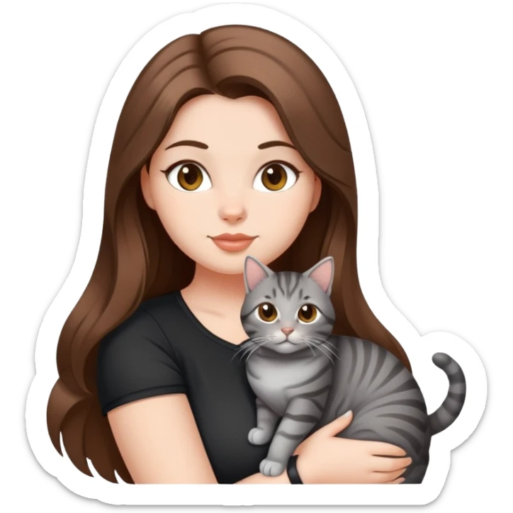 Hot curvy woman, long hair, with super cute cat, she is white with brown hair, black top, the cat is a grey tabby sticker