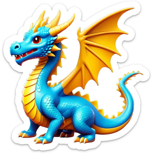 Clash of Clans aesthetic: Cinematic Playful Dragon Emoji, rendered in a 3D vector-style similar to standard emojis with minimal shading and bold, simplified shapes. A compact, isometric dragon with majestic wings and intricately scaled details, softly glowing with a legendary, mythical charm. Simplified yet unmistakably iconic, highly detailed and consistent, glowing with a soft radiant brilliance and high shine. Stylized with a touch of fantastical might and a soft glowing outline, capturing the essence of a mighty dragon with a friendly, playful demeanor! sticker