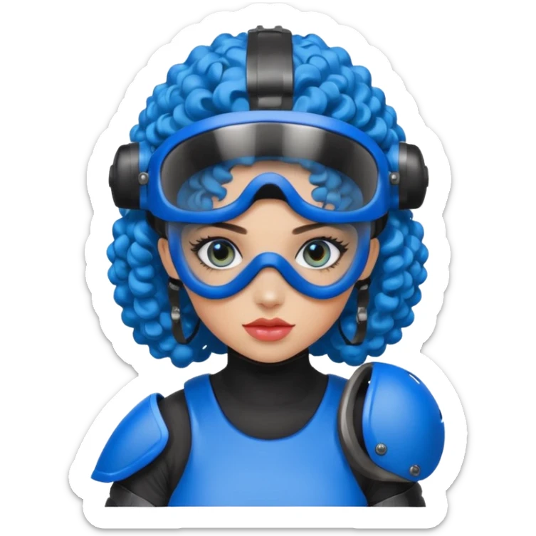 blue curly girl with huge earringswearing paintball with red paintball helmet with eye protection, only face  sticker