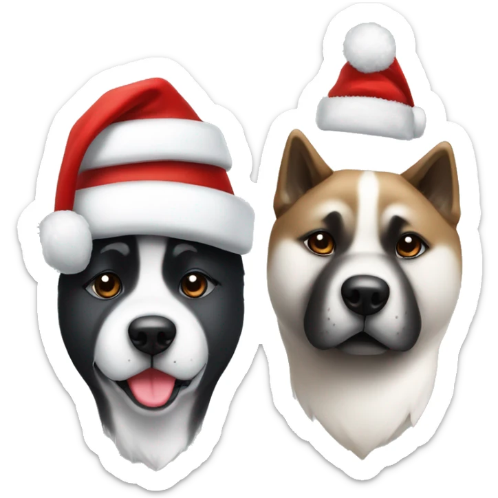 Two American Akita dogs one black and white and the other one just black wearing Christmas hats sticker