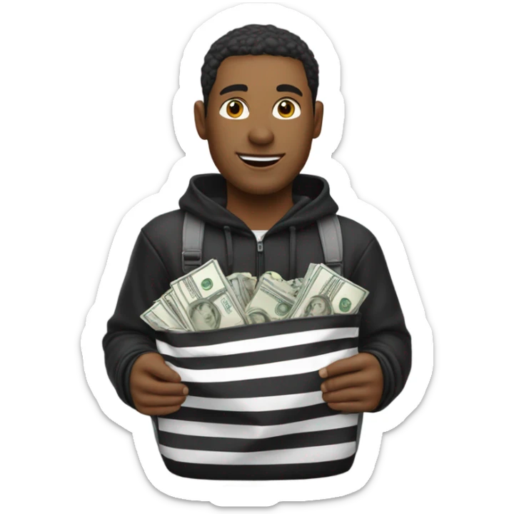 a man with a sweat with black and white line and a cagoule with a bog of money sticker