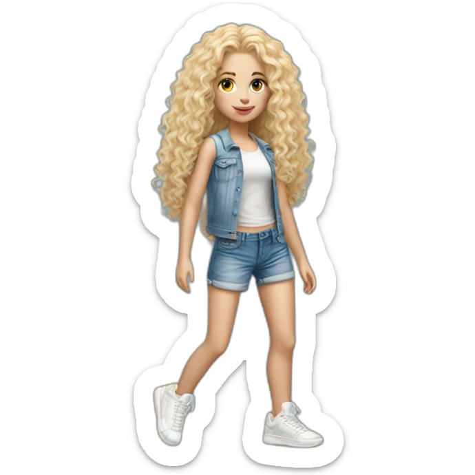 ultrarealist white long curly blonde hair girl with tight jean short shorts and sneakers sticker