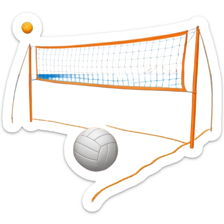 The scene captures a sunny beach atmosphere with clear blue sea and sky, palm trees swaying, and people in swimsuits enjoying the vibrant surroundings. A volleyball resting on the orange sand ground of a beach, with a volleyball net in the background.  sticker