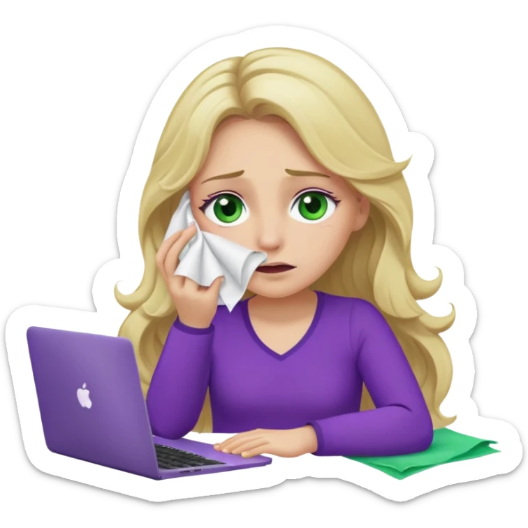 lady with long wavy blonde hair, purple top, green eyes, at desk with hand holding tissue to her eye and crying, with a purple mac laptop  sticker