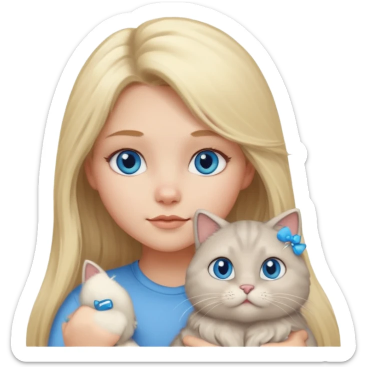 blonde girl with long blonde hair and blue eyes with chubby gray cat sticker