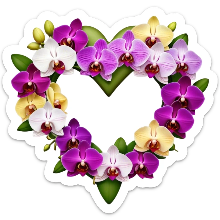 Multicolored ring of orchids in the shape of a heart, many different colors and shapes of orchids sticker