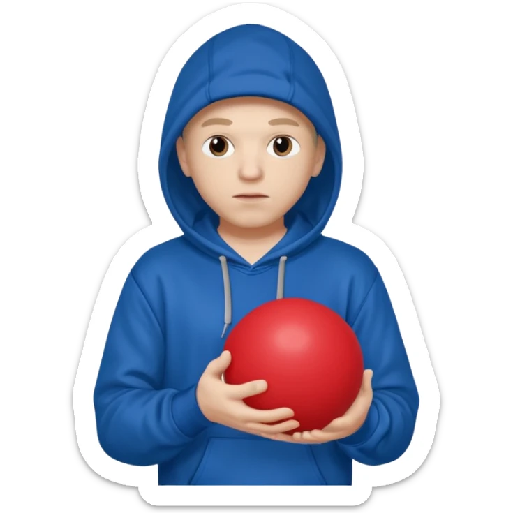 white rapper in a hoodie holding a blue ball and a red ball in opposite hands sticker