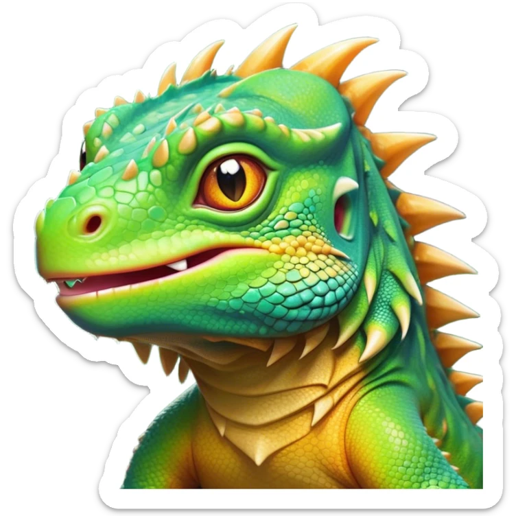 Cinematic Cute Iguana Portrait Emoji, Head tilted playfully and inquisitively, featuring a delightfully vibrant, textured body with a subtle spiky crest and large, sparkling eyes full of gentle wonder, Simplified yet irresistibly adorable features, highly detailed, glowing with a warm, inviting jungle glow, high shine, affectionate and lively, stylized with a touch of whimsical reptilian charm, soft glowing outline, capturing the essence of a mischievous yet loving iguana that seems as if it could scurry out of the screen into your arms! sticker