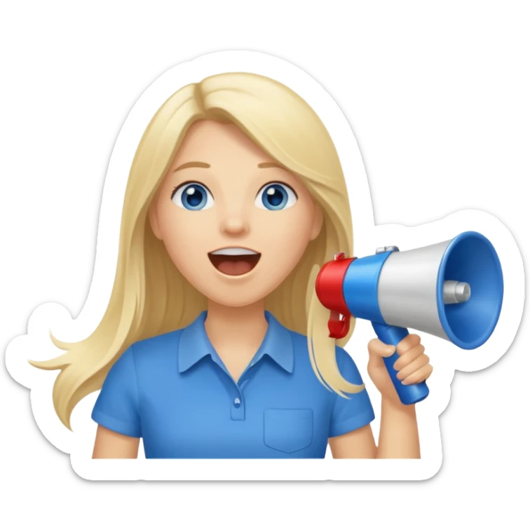 blue eyes blonde girl yelling into megaphone saying timeout long hair smiling sticker