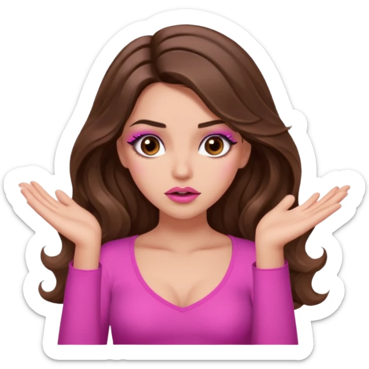 girl with long wavy brown hair, brown eyes, long lashes makeup, sexy pink lips, light to medium complexion, pink sexy top, shrugging with both hands, confused sticker