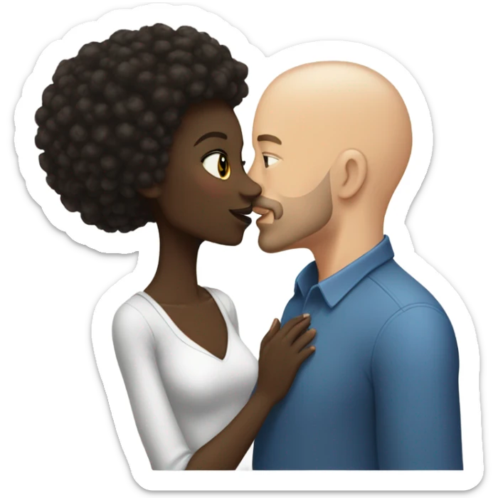 African  girl dark hair kissing white bald man with goatee sticker
