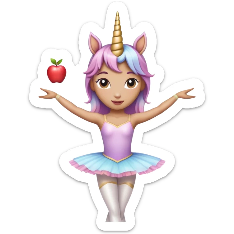head and shoulders of an anthropomorphised female unicorn ballerina, straight on view, relaxed pose, clearly a unicorn, apple emoji style sticker