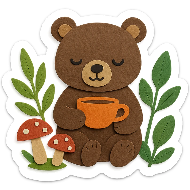 little bear sipping tea in the forest, surrounded by leaves and mushrooms, paper-craft style sticker