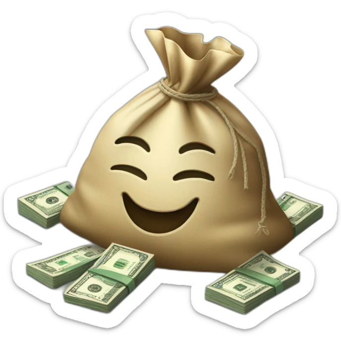 money bag with a lot of dollars stacked in the floor around it sticker