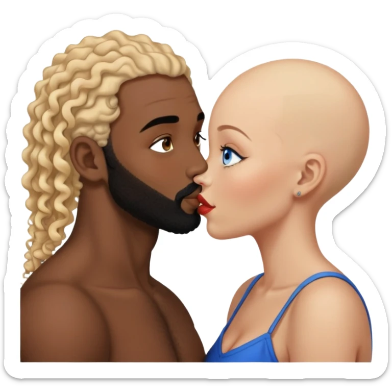bald head man with brown eyes and black beard kissing African woman with blue eyes and curly blonde hair sticker