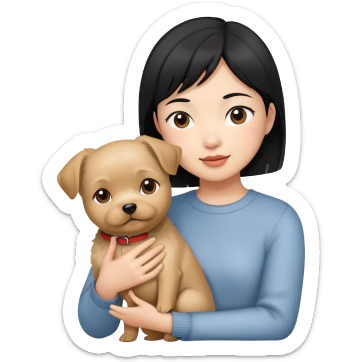 An Asian girl with short black hair, holding a Yorkshire dog sticker