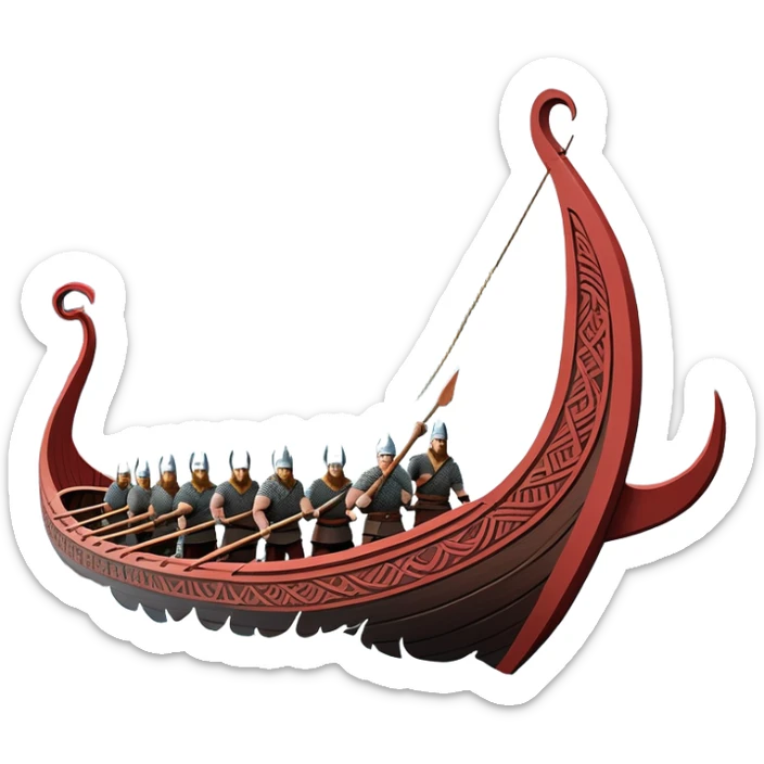 clash-of-clans-aesthetic_-cinematic-viking-longboat, rendered in a flat, bold vector style with minimal shading, featuring a striking dragon-headed prow slicing through icy, churning waters. shields on the side and vikings rowing The longboat’s intricately detailed shields and carved motifs evoke a sense of epic adventure and Nordic might, with billowing sails catching a dramatic, stormy sky backdrop. sticker