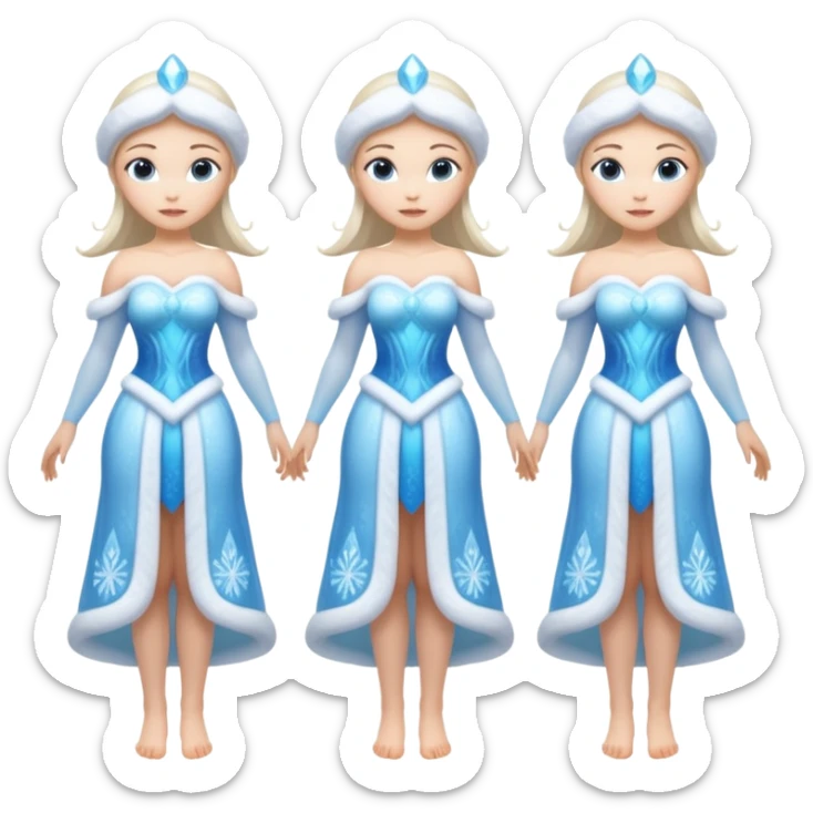 Four images of the same ice Snow Maiden character with two arms and two legs: front view, back view, side view, three-quarter view. Full body, translucent ice, winter fairy tale style, consistent design, clean anatomy. sticker