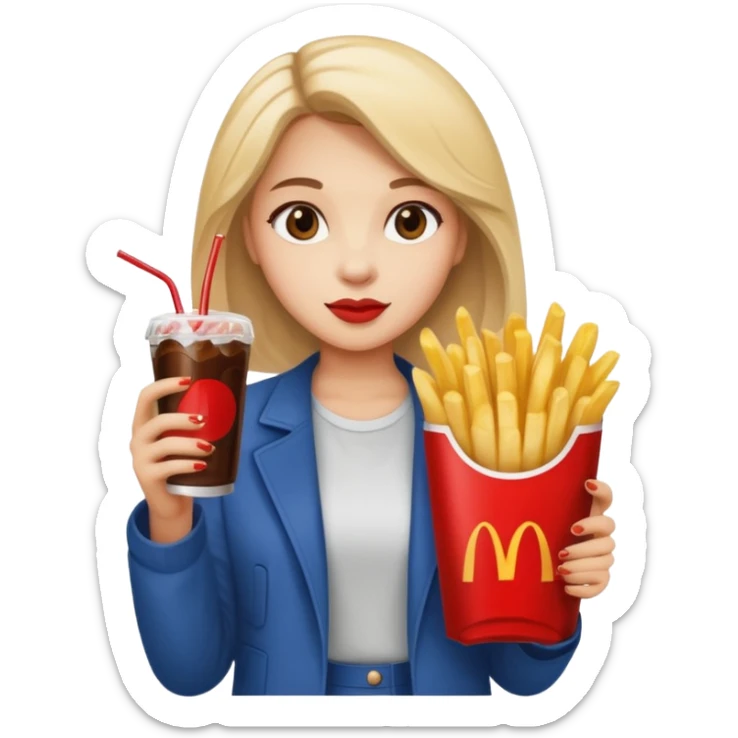 a young woman full length with cola in one hand and french fries in the other hand and a painting under her arm sticker
