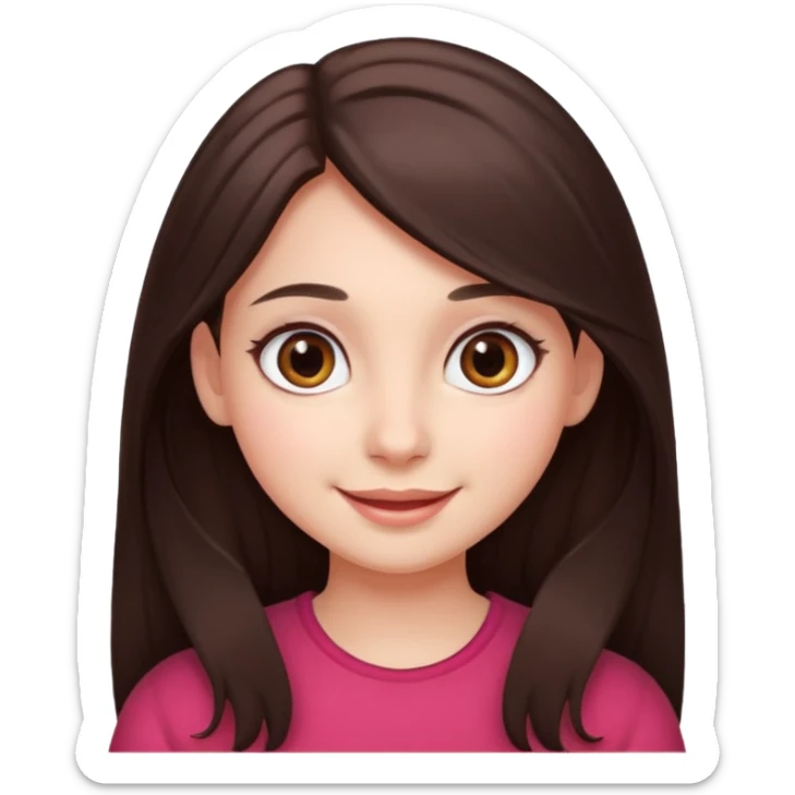 An emoji featuring a girl with dark brown long hair, brown big eyes, light pinkish skin, red cheeks,  sticker