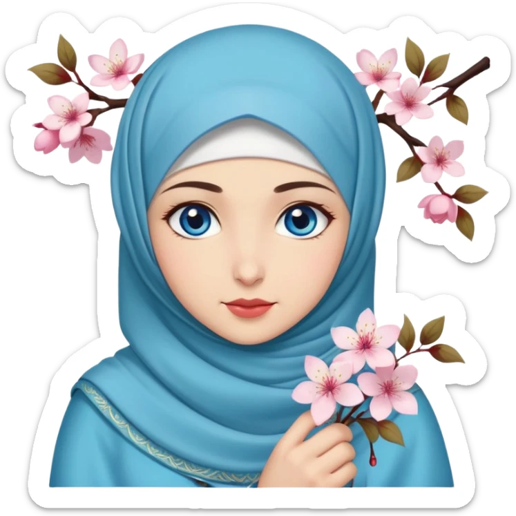 Turkish beautiful finish Konya girl blue eyes with hijab islamic dress and had on her hand cherry blossom sticker
