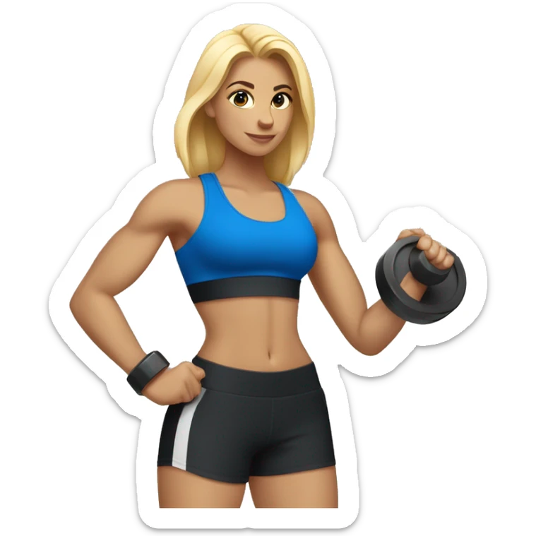 blonde woman working out with a black tank top and a blue shorts and she is holding a dumbell sticker