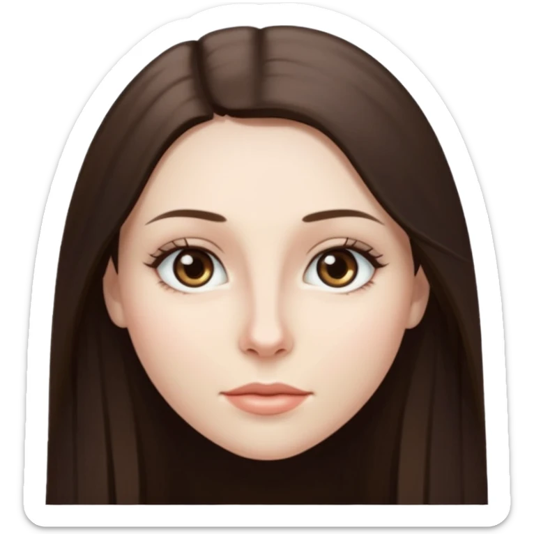Brunette long straight hair, pale skin, grey eyes, small nose sticker