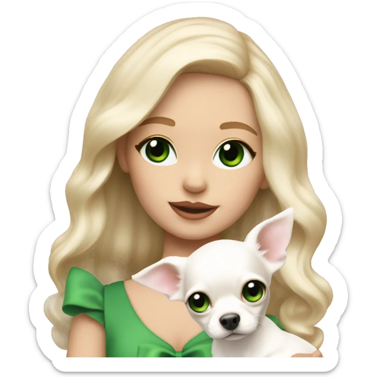 pale blond girl with wavy long platinum hair with green eyes holding a white chihuahua puppy that wearing a pink bow sticker
