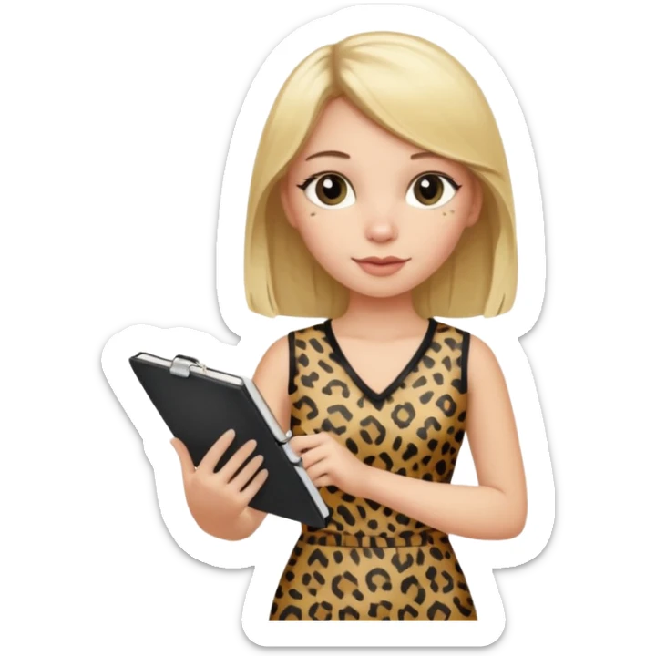 Blond hair girl with a leopard print dress and black leggings holding a note book and a pen sticker