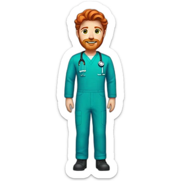 Red headed male with medium waves hair, green eyes, red beard and mustache, wearing blue scrubs sticker
