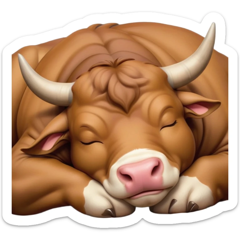 meme-worthy-cute-sleeping-domestic-bull-portrait-emoji,-head-resting-peacefully-with-a-contented-smile,-showcasing-a-robust,-muscular-build-and-a-luxuriously-soft-coat,-eyes-gently-closed-in-serene,-restful-slumber,-simplified,-solid-brown sticker