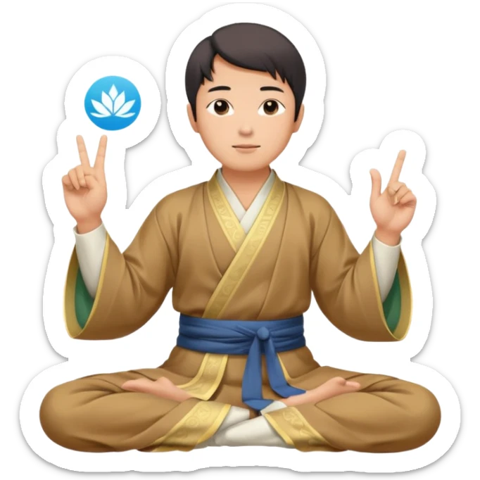 asian man in hanfu closing sitting in lotus pose, pointing one finger to sky as wisdom gesture sticker