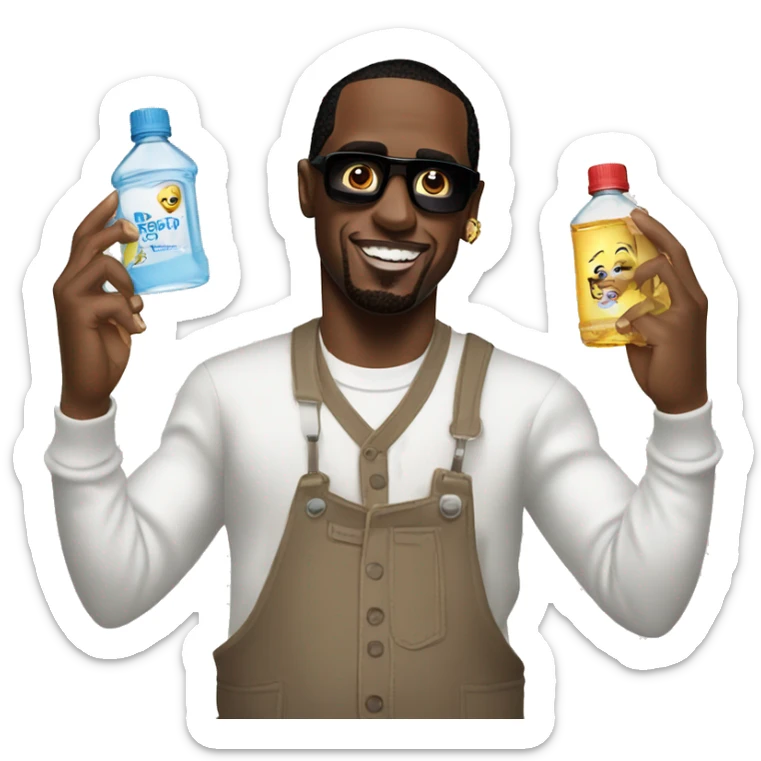 p.diddy holding 2 bottles of baby oil sticker