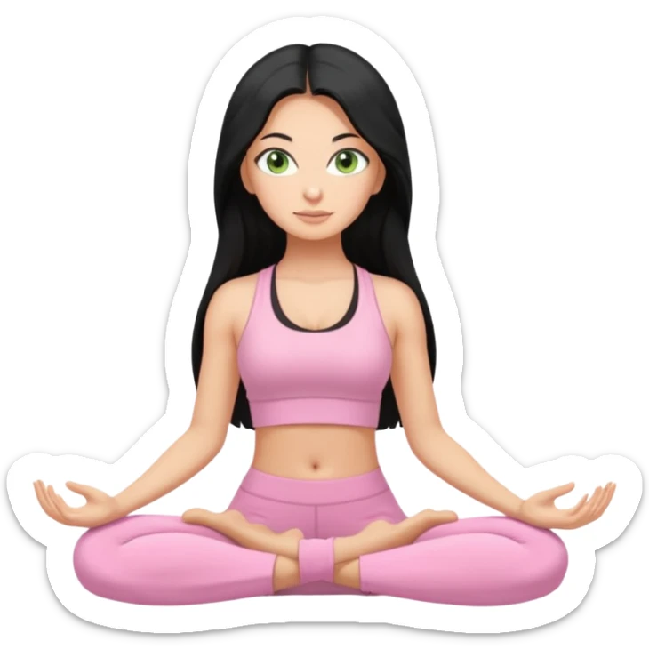 Tan Girl with super long black hair with light green eyes doing yoga with light pink clothes sticker