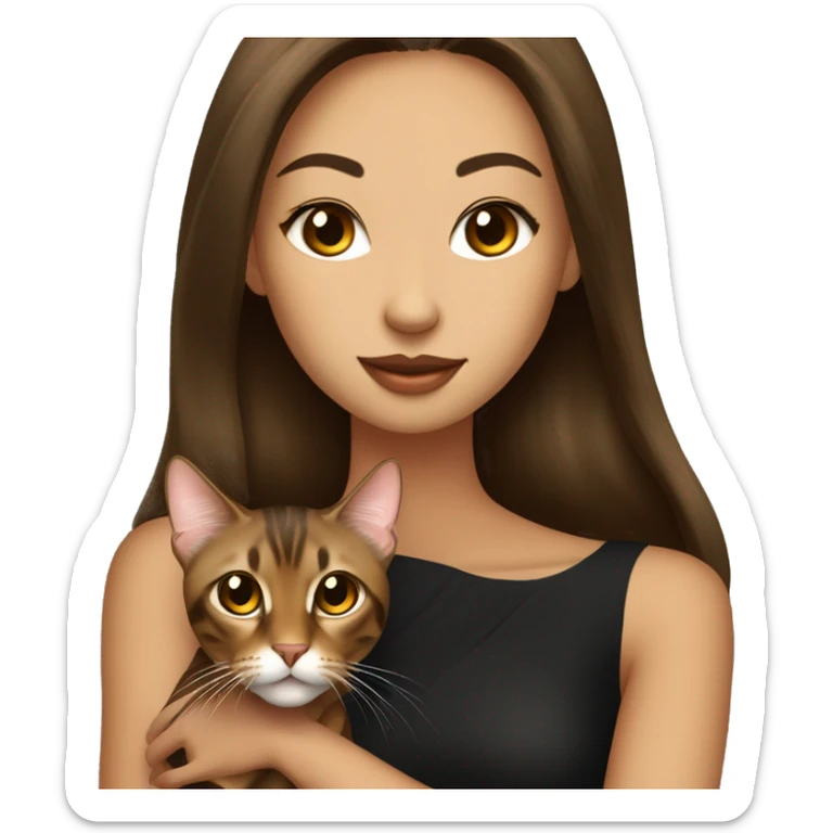 Beautiful skinny woman long dark brown hair in dark dress with gold earrings hug bengal cat sticker