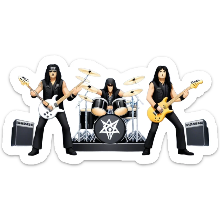 Icon for Heavy Metal: Anthrax live concert with Charlie Benante on drums, Joey Belladonna on vocals, Frank Bello on bass, Jonathan Donais and Scott Ian on guitars. The intense energy of the band is captured with instruments and stage lighting. Transparent background. sticker