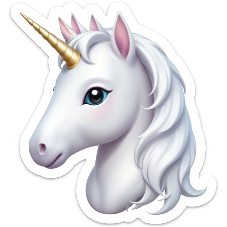 Cinematic Cute White Unicorn Portrait Emoji, Head tilted playfully and inquisitively, featuring a charming, petite form with a silky white color, a delicately flowing mane and tail, and a tiny, sparkling horn, with large, dreamy eyes full of wonder, Simplified yet irresistibly adorable features, highly detailed, glowing with a warm, enchanting glow, high shine, affectionate and lively, stylized with a touch of fairy-tale whimsy, soft glowing outline, capturing the essence of a mischievous yet endearing white unicorn that seems as if it could gallop out of the screen into your heart! sticker