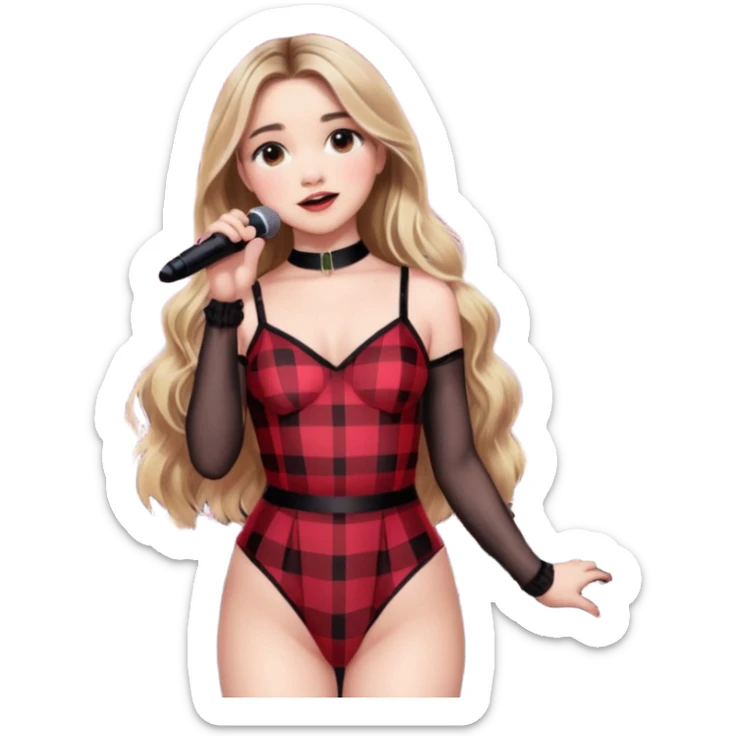 Sabrina carpenter singing at concert wearing a black and red plaid bodysuit  with red sheer top over it with huge crowd and light pink stage setting  sticker