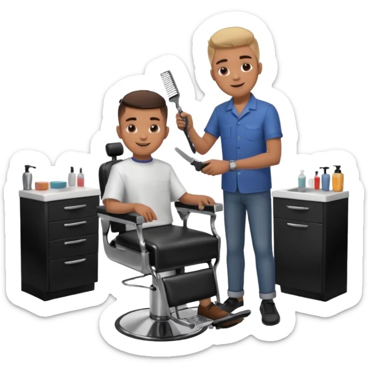 Barber cutting teenage boys hair. Show the boy sat in black barber chair and both having smiles on their faces sticker