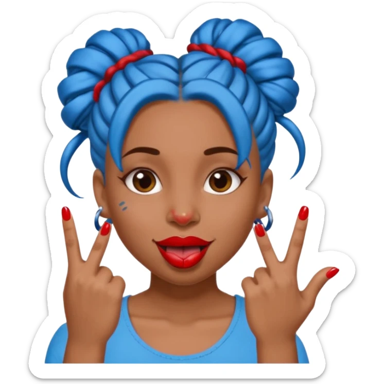 brown girl with blue locs in a bun with tongue out and red nails showing secomdnd finger sticker