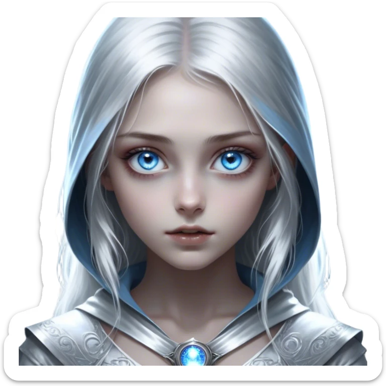 Cinematic girl with large sparkling blue eyes, Ultra realistic 32k HD, Breathtaking piece of art, rim lighting, hauntingly beautiful art, mostly greyscale, Balanced features, highly detailed digital artwork, glowing with silver light, glowing, high shine, deviant adoptable, highly detailed clothing, remembrance, a painting of white silver, fanciful, enchanting, ghostly, embodying the essence of both reality and fantasy, dreamy, dreamy glow, optical illusion, immaculate composition, complex pose, air composition. The image is so lifelike that it feels as though it could leap off the canvas at any moment sticker